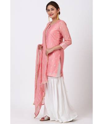 Rose Pink Foil Printed Kurti with Gathered Palazzo and Celeste Dupatta 1