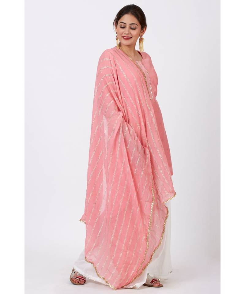 Rose Pink Foil Printed Kurti with Gathered Palazzo and Celeste Dupatta