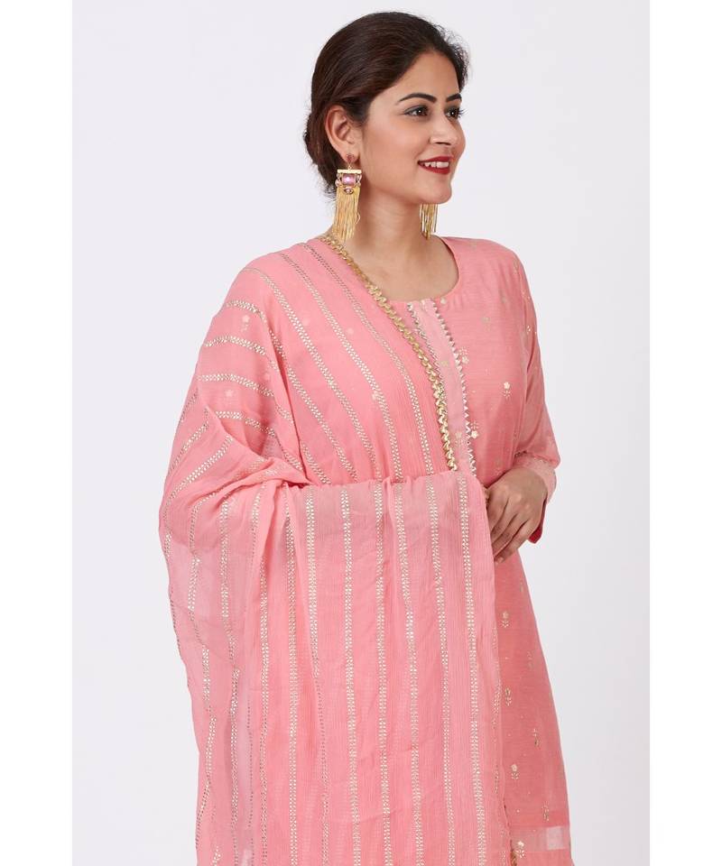 Rose Pink Foil Printed Kurti with Gathered Palazzo and Celeste Dupatta