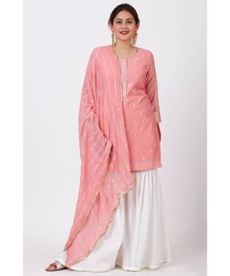 Rose Pink Foil Printed Kurti with Gathered Palazzo and Celeste Dupatta 4