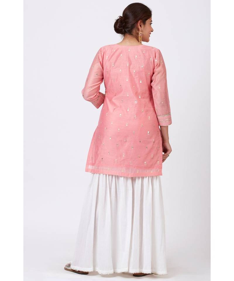 Rose Pink Foil Printed Kurti with Gathered Palazzo and Celeste Dupatta