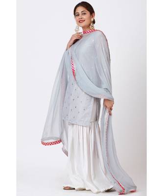 Magical Gray Foil Printed Kurti with Gathered Palazzo and Mokaish Chiffon Gotta Dupatta 1
