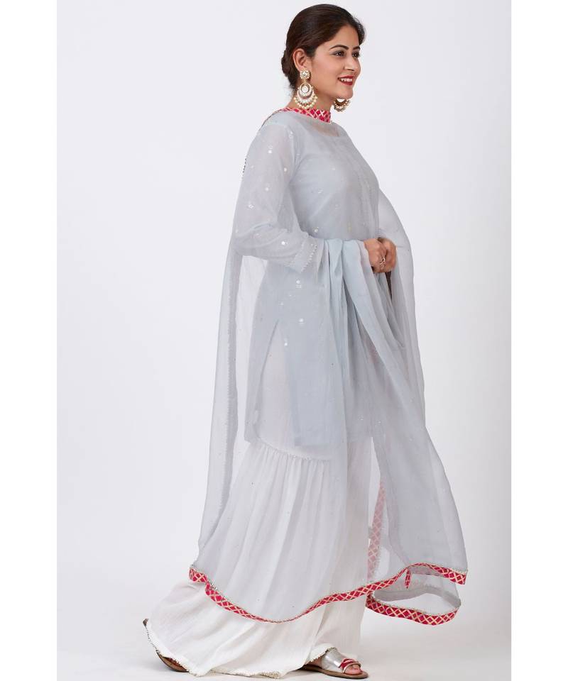 Magical Gray Foil Printed Kurti with Gathered Palazzo and Mokaish Chiffon Gotta Dupatta