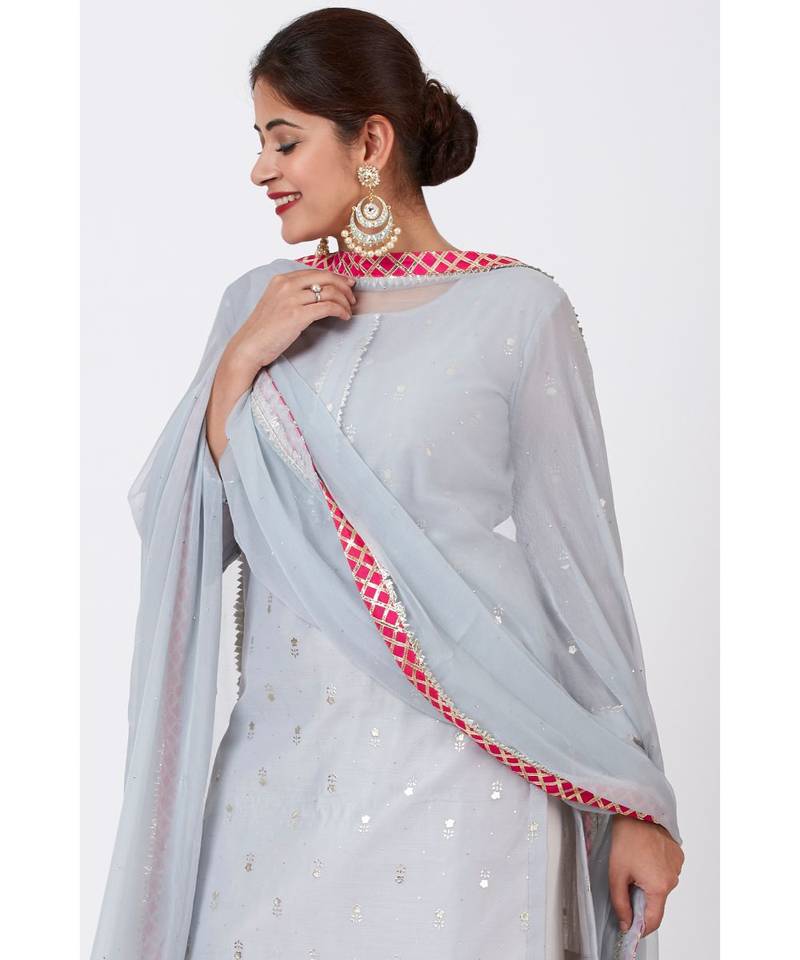 Magical Gray Foil Printed Kurti with Gathered Palazzo and Mokaish Chiffon Gotta Dupatta