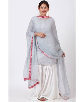 Magical Gray Foil Printed Kurti with Gathered Palazzo and Mokaish Chiffon Gotta Dupatta 4