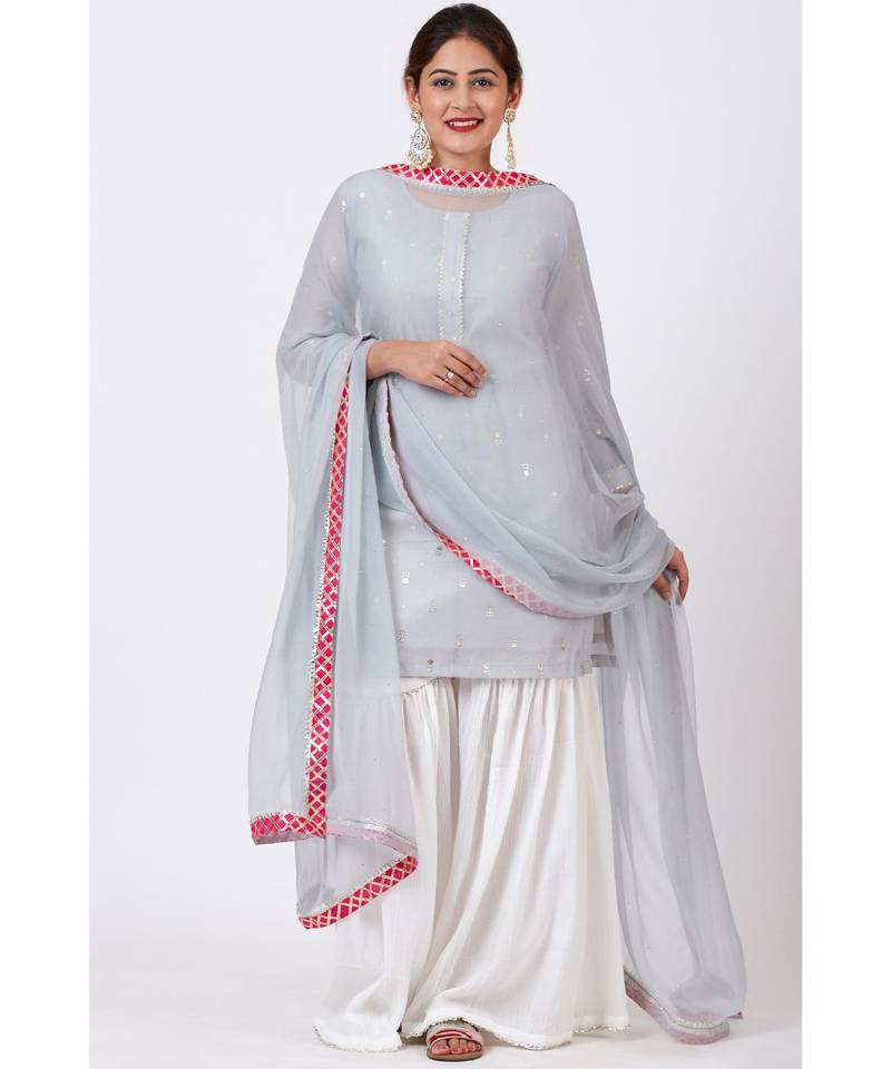 Magical Gray Foil Printed Kurti with Gathered Palazzo and Mokaish Chiffon Gotta Dupatta