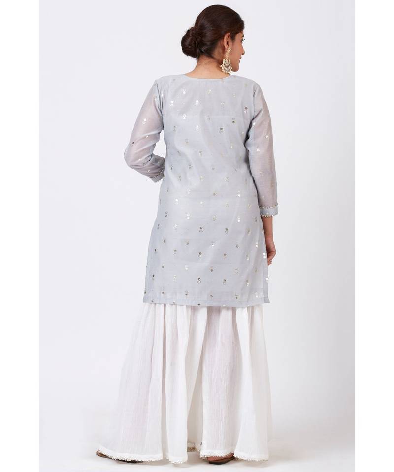 Magical Gray Foil Printed Kurti with Gathered Palazzo and Mokaish Chiffon Gotta Dupatta