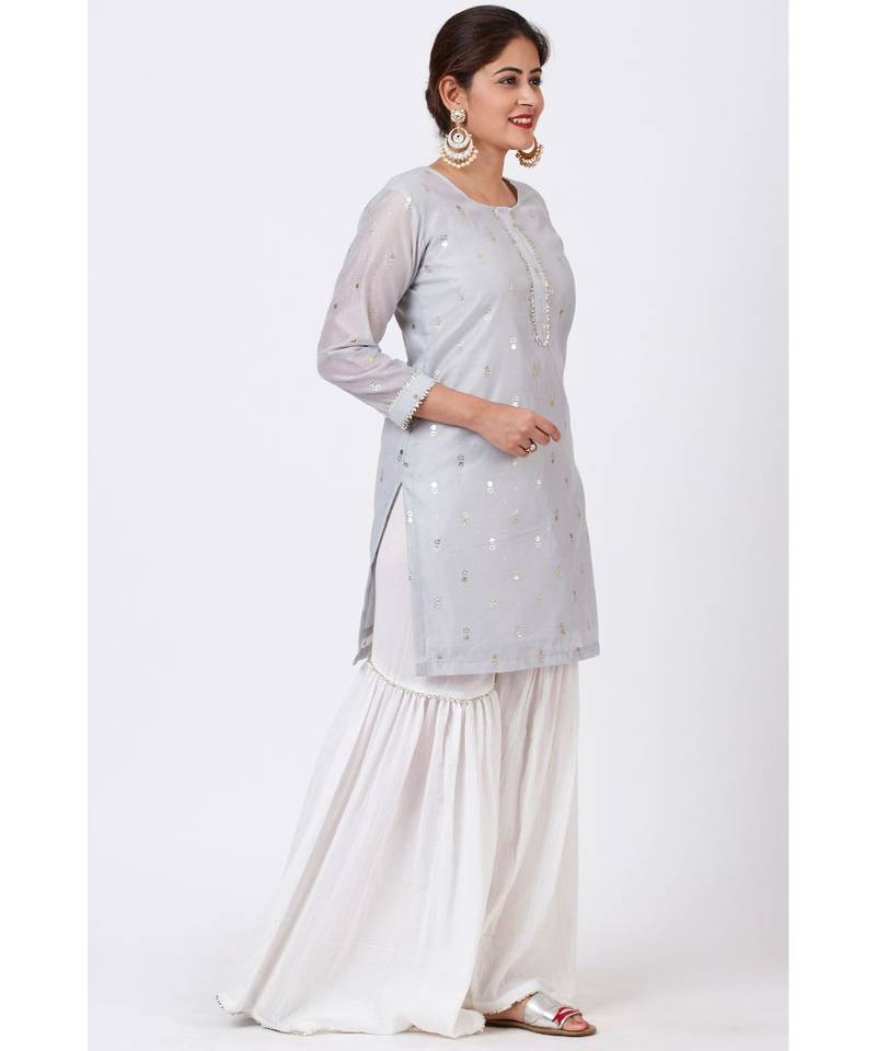 Magical Gray Foil Printed Kurti with Gathered Palazzo