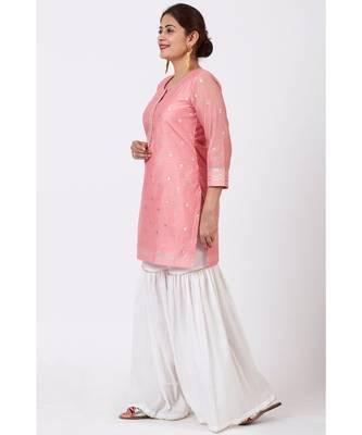 Rose Pink Foil Printed Kurti with Gathered Palazzo 1
