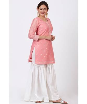 Rose Pink Foil Printed Kurti with Gathered Palazzo 2