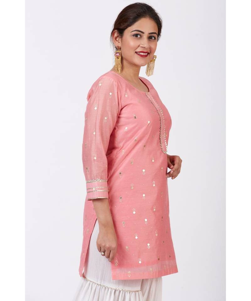 Rose Pink Foil Printed Kurti with Gathered Palazzo