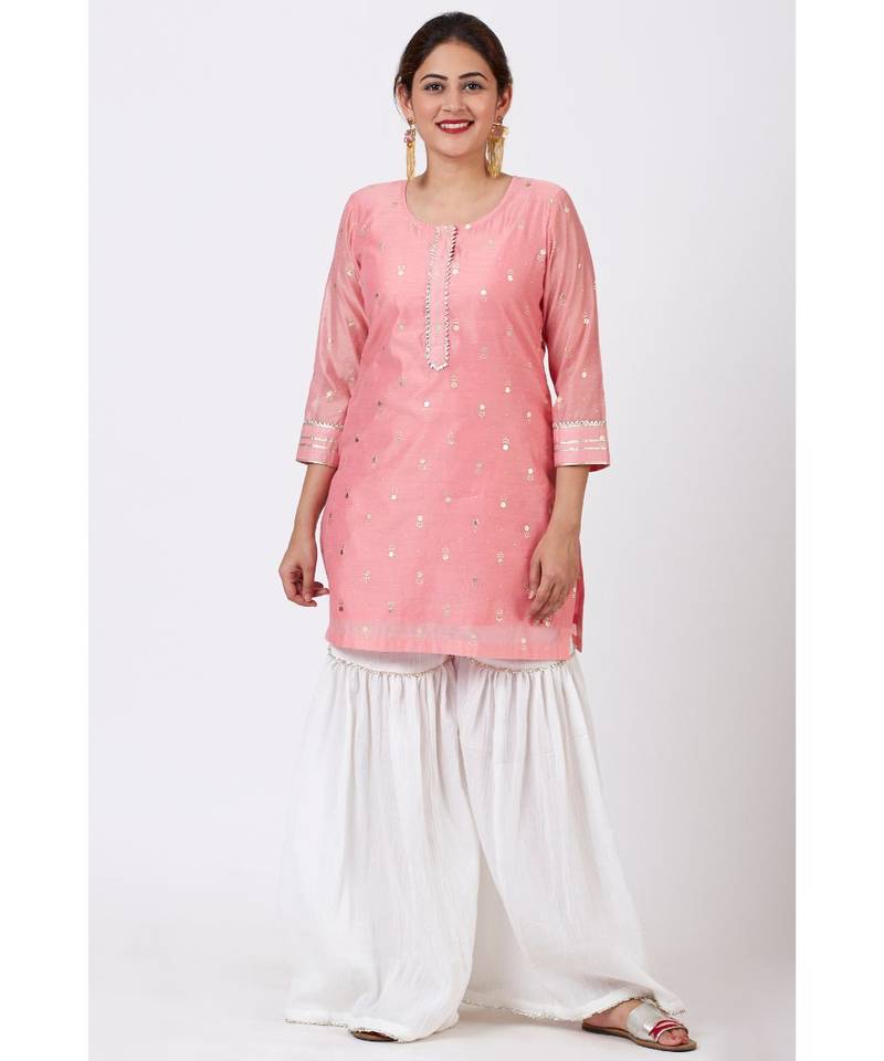 Rose Pink Foil Printed Kurti with Gathered Palazzo