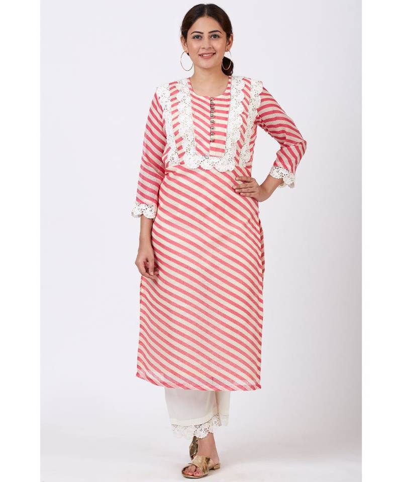 Pink Leheriya Crochet Straight Kurti with Crochet Pants