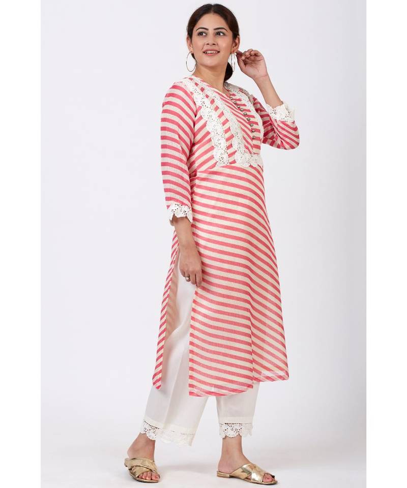 Pink Leheriya Crochet Straight Kurti with Crochet Pants
