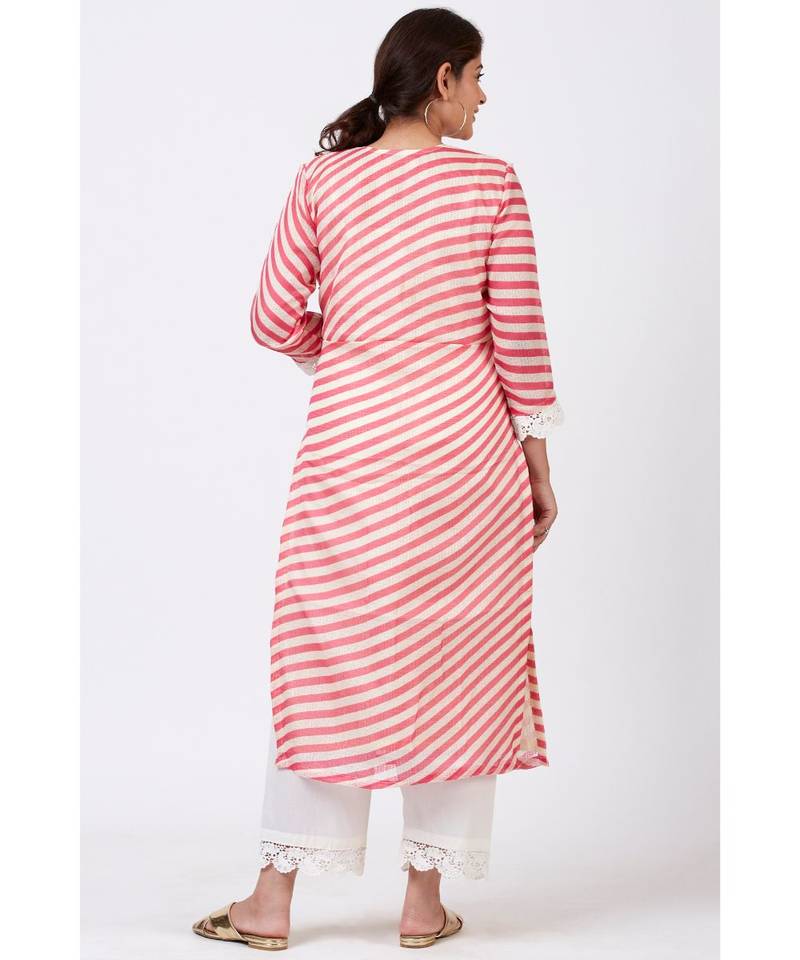 Pink Leheriya Crochet Straight Kurti with Crochet Pants