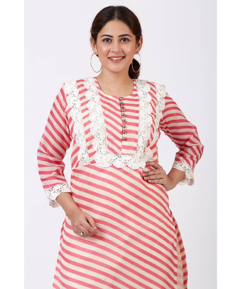 Pink Leheriya Crochet Straight Kurti with Crochet Pants