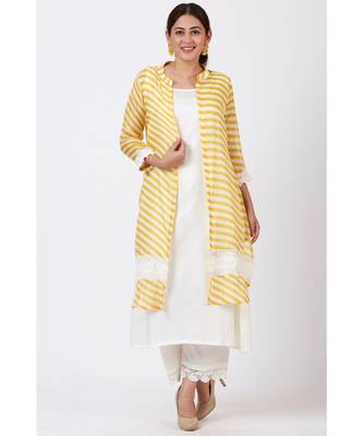Ivory A-Line Kurti and Straight Pants with Yellow Crochet Jacket 1