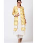 Ivory A-Line Kurti and Straight Pants with Yellow Crochet Jacket