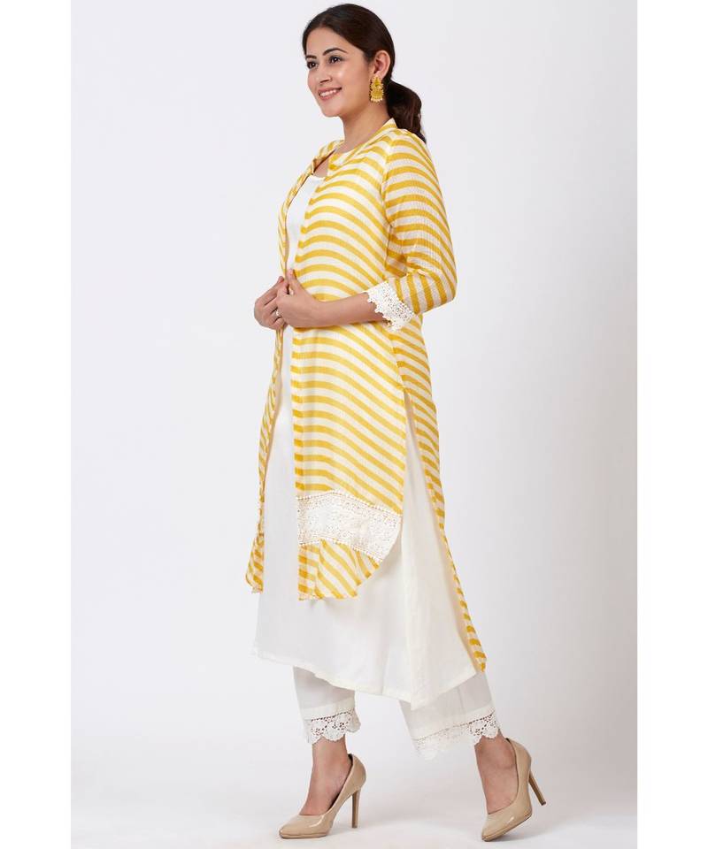 Ivory A-Line Kurti and Straight Pants with Yellow Crochet Jacket