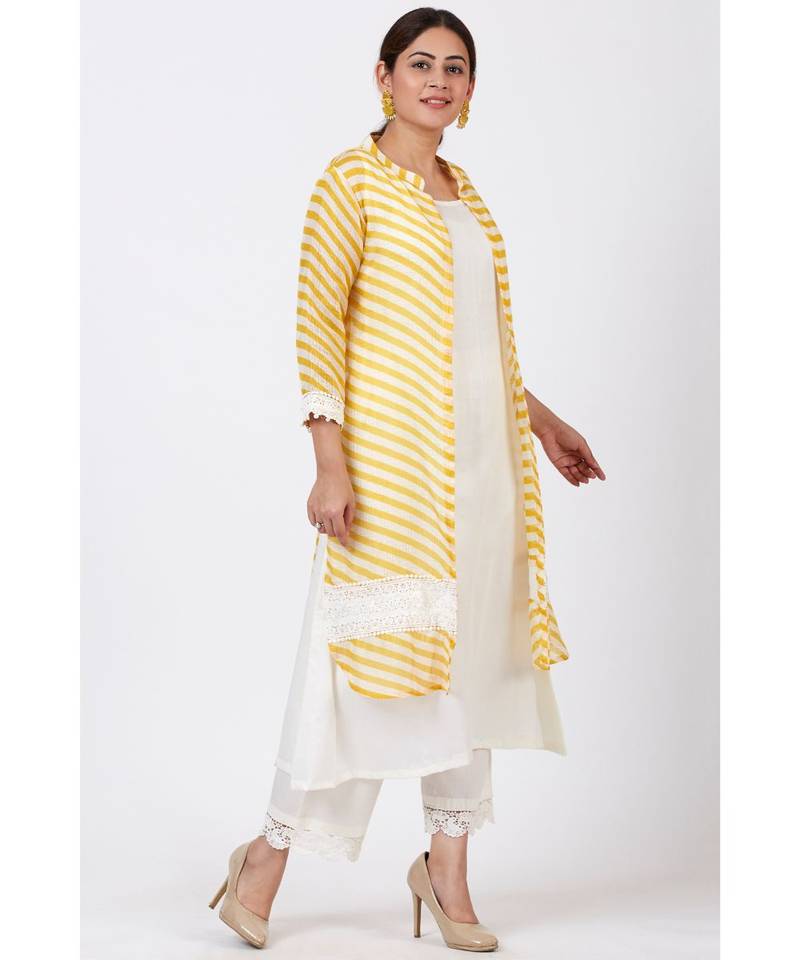 Ivory A-Line Kurti and Straight Pants with Yellow Crochet Jacket