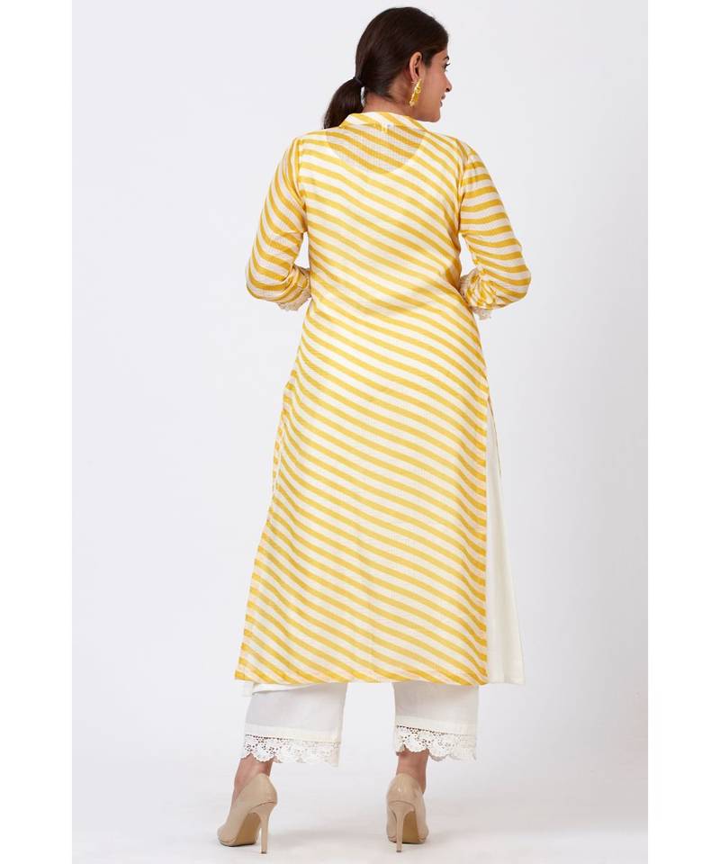 Ivory A-Line Kurti and Straight Pants with Yellow Crochet Jacket