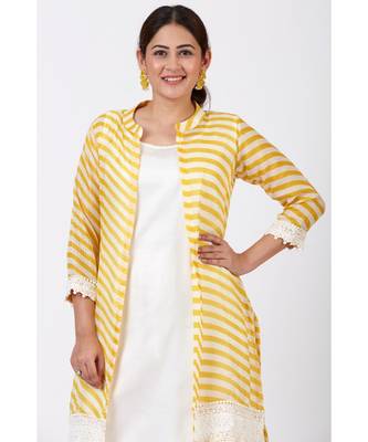 Ivory A-Line Kurti and Straight Pants with Yellow Crochet Jacket 5
