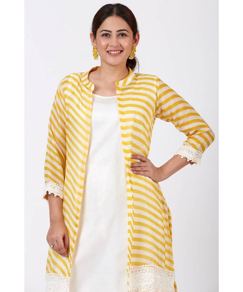 Ivory A-Line Kurti and Straight Pants with Yellow Crochet Jacket