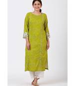 Green Bandhani Kurti with White Crochet Laced Pants