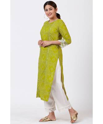 Green Bandhani Kurti with White Crochet Laced Pants 2