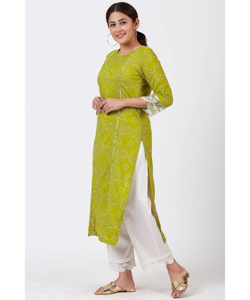 Green Bandhani Kurti with White Crochet Laced Pants