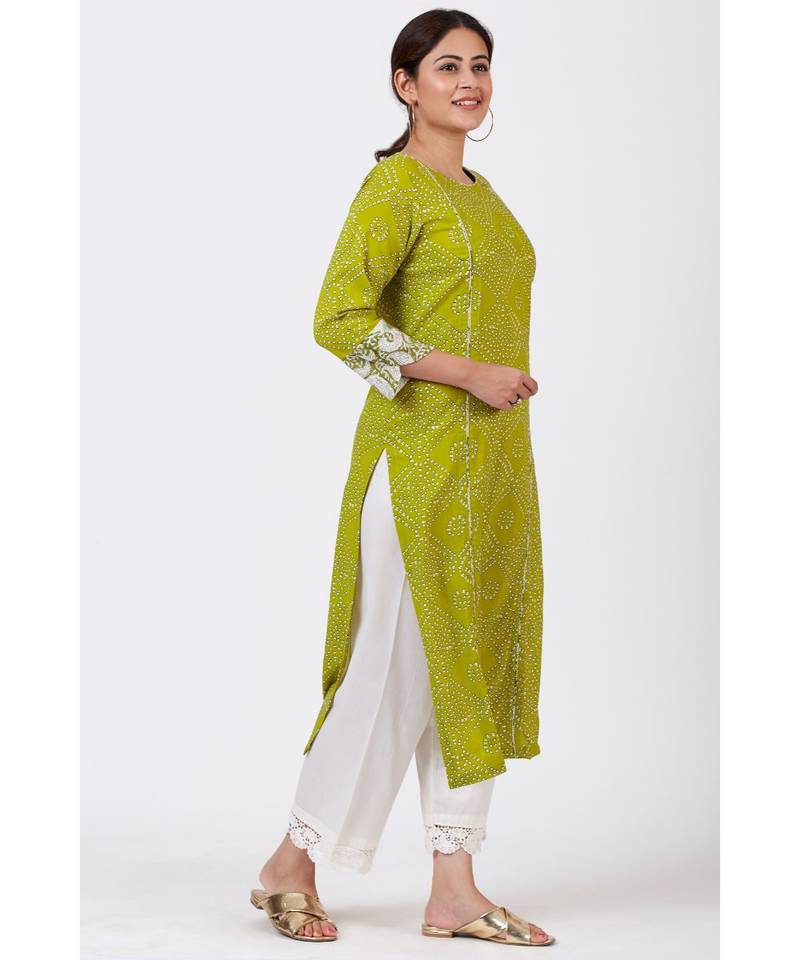 Green Bandhani Kurti with White Crochet Laced Pants