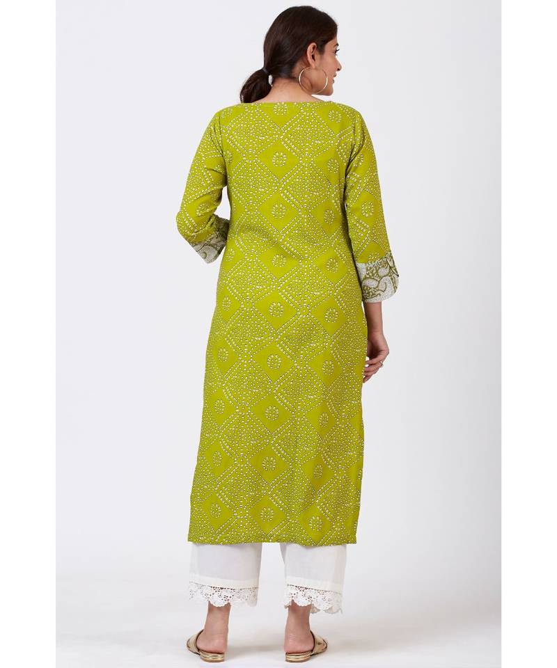 Green Bandhani Kurti with White Crochet Laced Pants