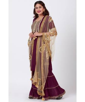 Plum Embroided Kurti and Crushed Ghararas with Golden Paisley Dupatta 2