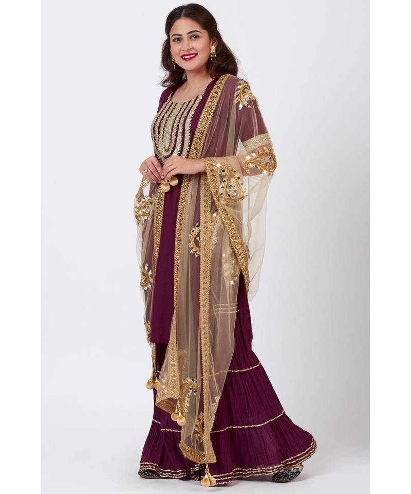 Plum Embroided Kurti and Crushed Ghararas with Golden Paisley Dupatta