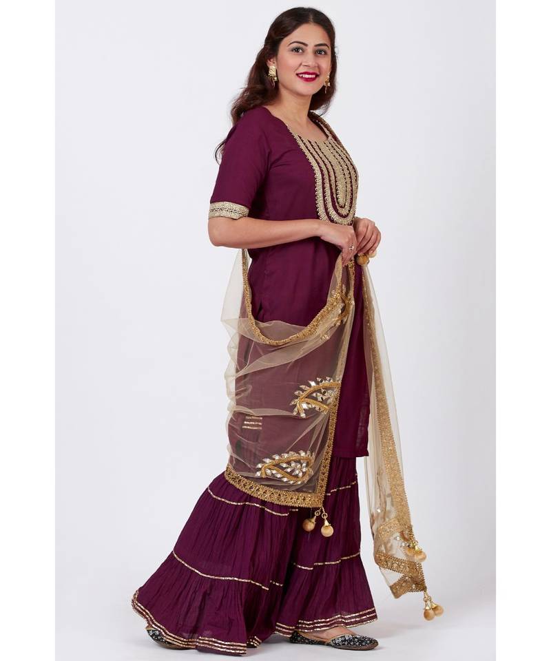 Plum Embroided Kurti and Crushed Ghararas with Golden Paisley Dupatta
