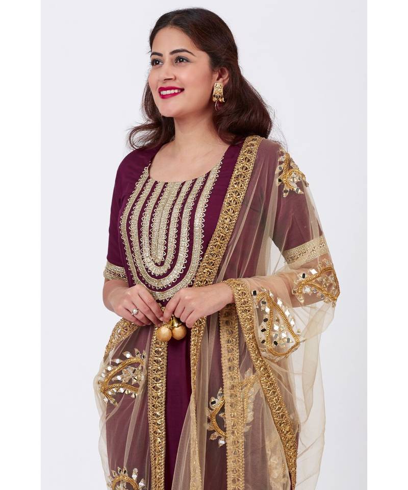 Plum Embroided Kurti and Crushed Ghararas with Golden Paisley Dupatta