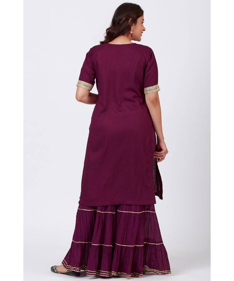 Plum Embroided Kurti and Crushed Ghararas with Golden Paisley Dupatta