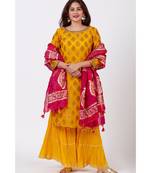 Mangal Mustard Banarsi Kurti With Crushed Sharara and Tie-Dye Foil Dupatta