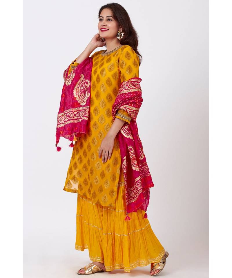 Mangal Mustard Banarsi Kurti With Crushed Sharara and Tie-Dye Foil Dupatta