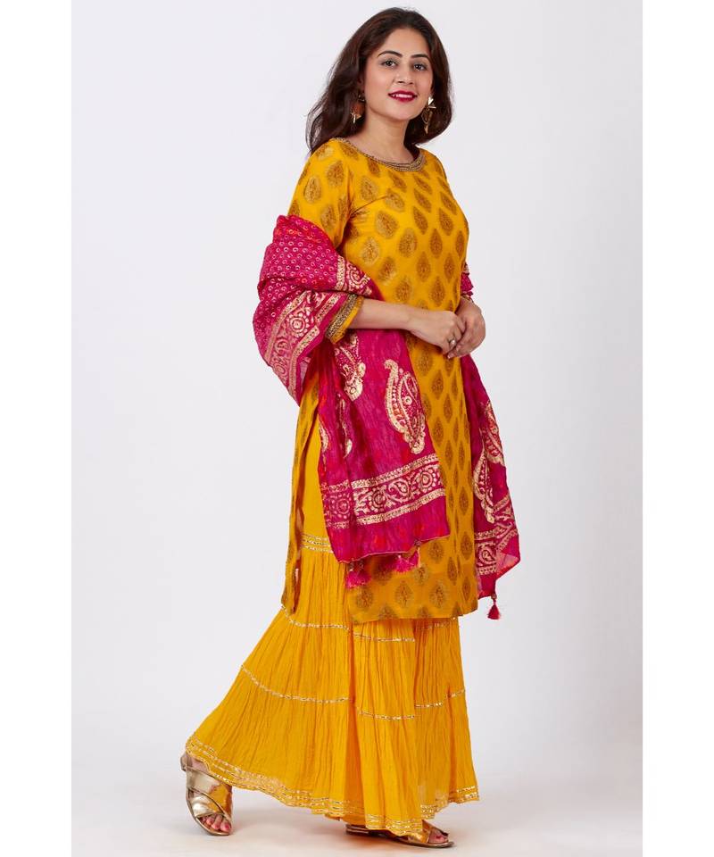 Mangal Mustard Banarsi Kurti With Crushed Sharara and Tie-Dye Foil Dupatta