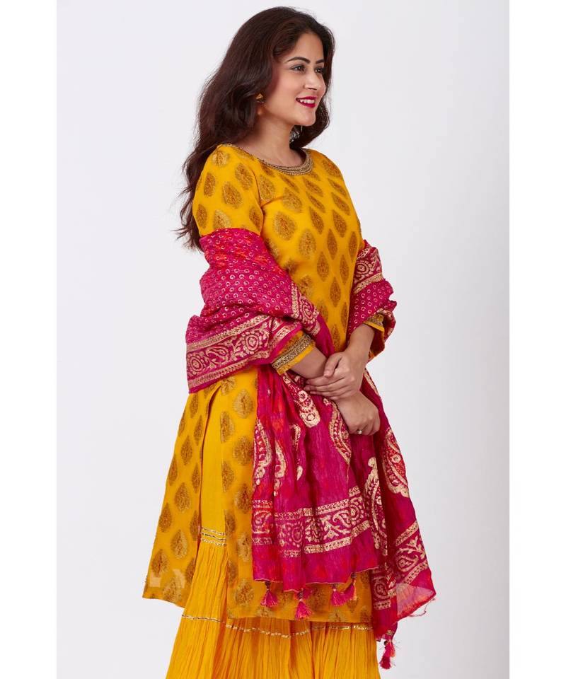 Mangal Mustard Banarsi Kurti With Crushed Sharara and Tie-Dye Foil Dupatta