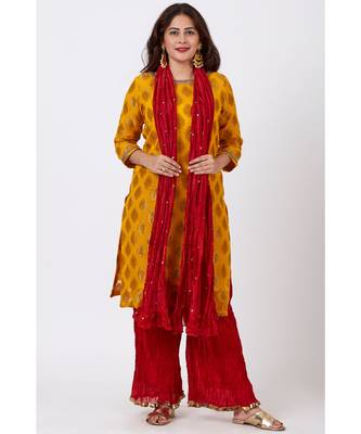 Mangal Mustard Banarsi Kurti With Red Crushed Palazzo and Silk Crushed Dupatta 1