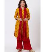 Mangal Mustard Banarsi Kurti With Red Crushed Palazzo and Silk Crushed Dupatta