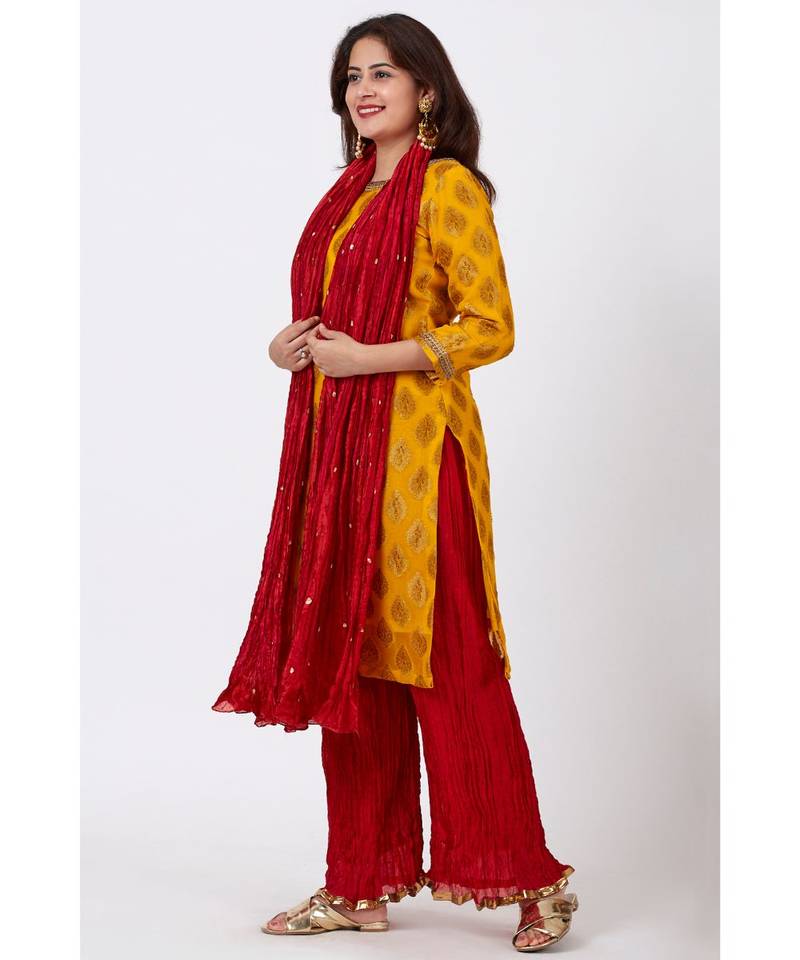 Mangal Mustard Banarsi Kurti With Red Crushed Palazzo and Silk Crushed Dupatta