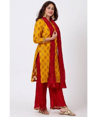 Mangal Mustard Banarsi Kurti With Red Crushed Palazzo and Silk Crushed Dupatta 3