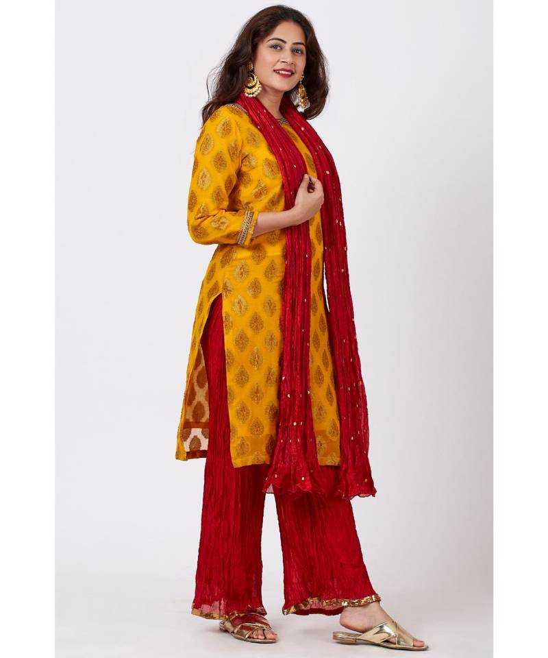 Mangal Mustard Banarsi Kurti With Red Crushed Palazzo and Silk Crushed Dupatta