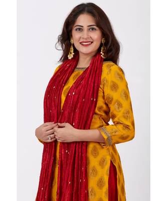 Mangal Mustard Banarsi Kurti With Red Crushed Palazzo and Silk Crushed Dupatta 4