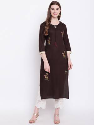Brown embroidered rayon ethnic-kurtis 1