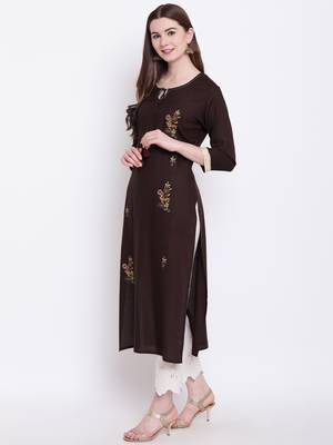 Brown embroidered rayon ethnic-kurtis 3