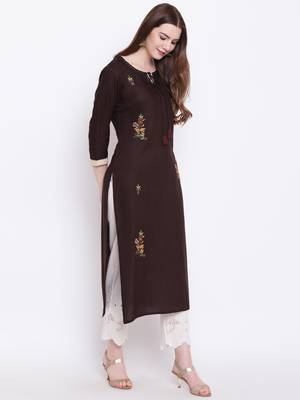 Brown embroidered rayon ethnic-kurtis 4